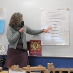 Lynette Mast reviews the kindergarten classroom Peace Pledge, signed at the beginning of the year