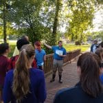 Eastern Mennonite University Professor Jim Yoder introduces environmental sustainability students and chemistry students to plans for their field trip along the North Fork in Bergton, Va. Photo by Kevin Carini.