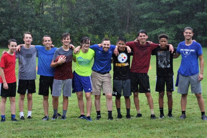 School Day Out at the beginning of each school year is a time to play and build relationships. 

Pictured: high school students with Justin King, principal, August 2019 at Highland Retreat in Bergton, Virginia.