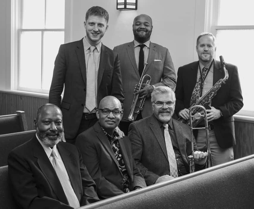 Jazz worship at Allen Chapel AME Church in Staunton, Virginia featured Rev. Dr. Edward Scott's sermon inspired by John Coltrane's "A Love Supreme" given on Sunday, 9/19/21. The band featured Lew Taylor on piano, Kris Monson on bass, Marlon Foster on drums, Marcus Tenney on trumpet, Greg Moody on reeds and Robert Mott on trombone. 
Photo by Pat Jarrett