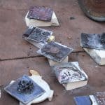 Fired raku quilt pieces cooling