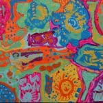 Title: Rainbow Rocket
Size: 24”x18”
Medium: acrylic paint
Description: Kindergarten artists worked in small groups to paint abstract designs directly on a cradled wooden panel. Beginning at the edges and working inward they painted large patches of color as a base layer. Additional layers were created using small blocks of color along with line, shape, and pattern designs. Students were thoughtful in selecting colors that would stand out next to each other, and  they enjoyed talking together about their painting. As the final step in their creative process, the class brainstormed title ideas for their piece then voted for their favorite.
