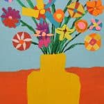 Title: Mary Jo’s Flower Farm
Size: 18” x 24”
Medium: acrylic paint, acetate paper
Description:  Inspired by their field trip with kindergarten science buddies to Mary Jo’s Flower Farm, each second grade artist designed a colorful flower using acetate paper. Students worked in small groups to paint a foreground, background, and vase. After painting individual stems, students attached their flowers to the composition. As the final step in their creative process, the class brainstormed title ideas for their piece then voted for their favorite.
