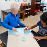 Title: Mary Jo’s Flower Farm
Size: 18” x 24”
Medium: acrylic paint, acetate paper
Description:  Inspired by their field trip with kindergarten science buddies to Mary Jo’s Flower Farm, each second grade artist designed a colorful flower using acetate paper. Students worked in small groups to paint a foreground, background, and vase. After painting individual stems, students attached their flowers to the composition. As the final step in their creative process, the class brainstormed title ideas for their piece then voted for their favorite.
